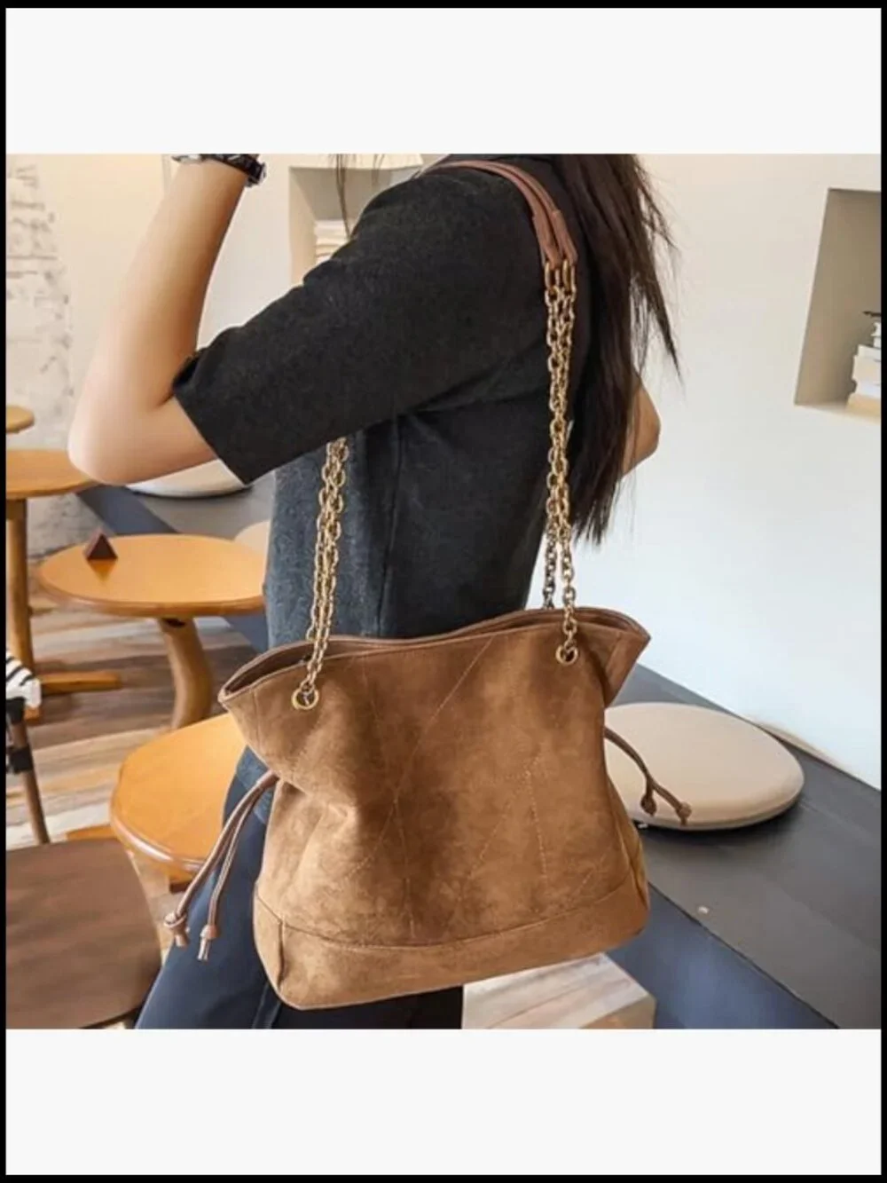 Faux Suede Hobo Shoulder Bag for Women Large Tote Handbag Chain Strap